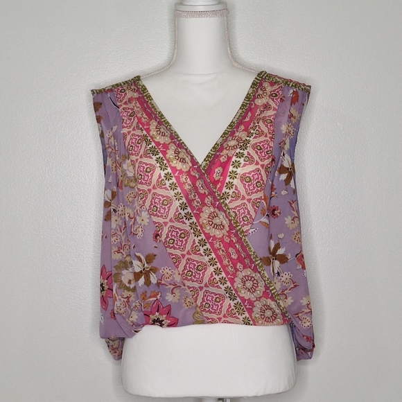 Free People Havana Blue Floral Print Sleeveless Surplice Top - Small - Picture 2 of 15